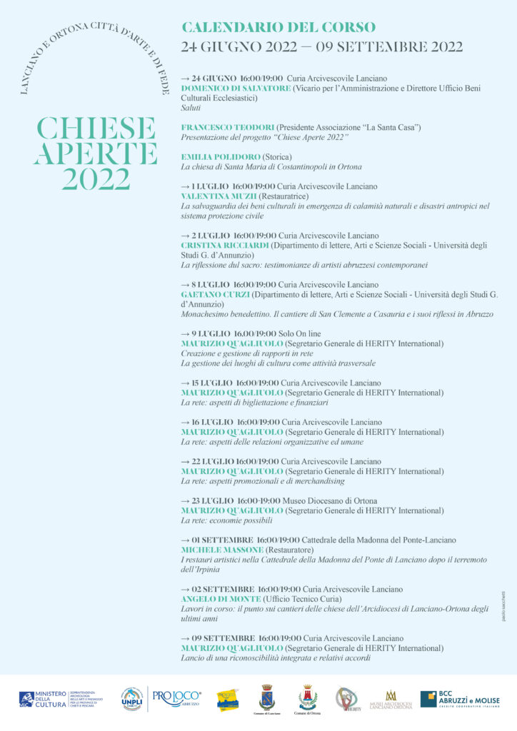 Programma del corso Chiese Aperte 2022