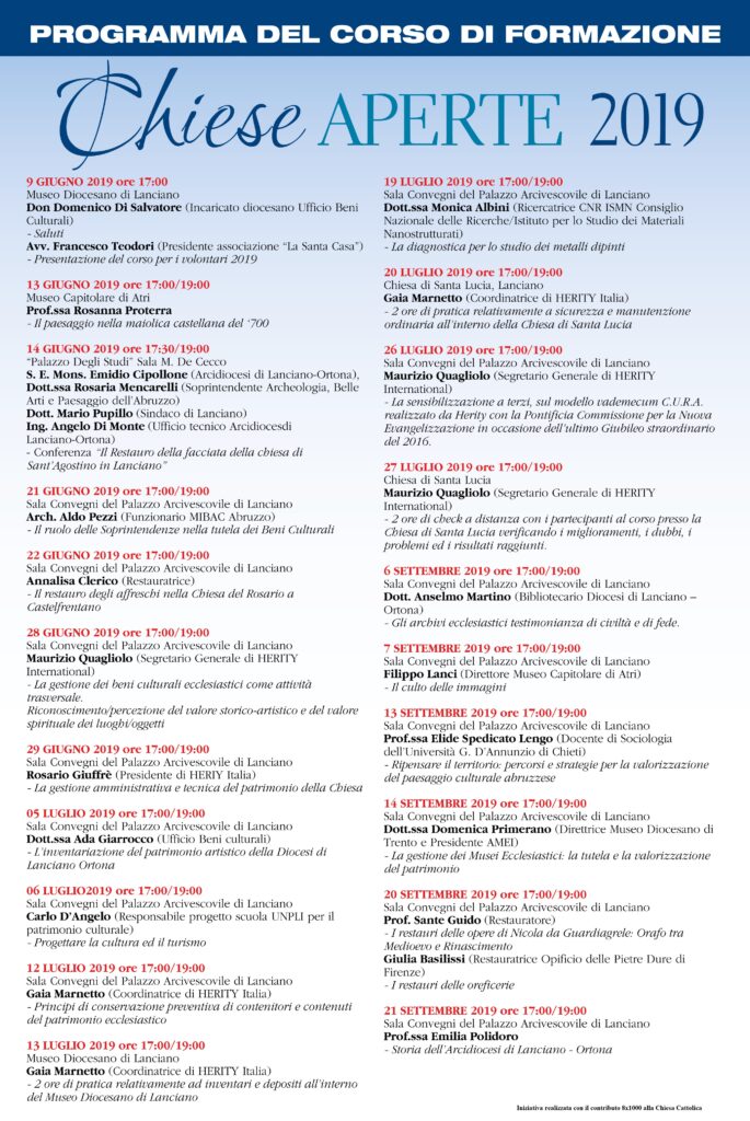 Programma del corso Chiese Aperte 2019