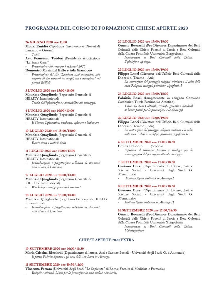 Programma del corso Chiese Aperte 2020