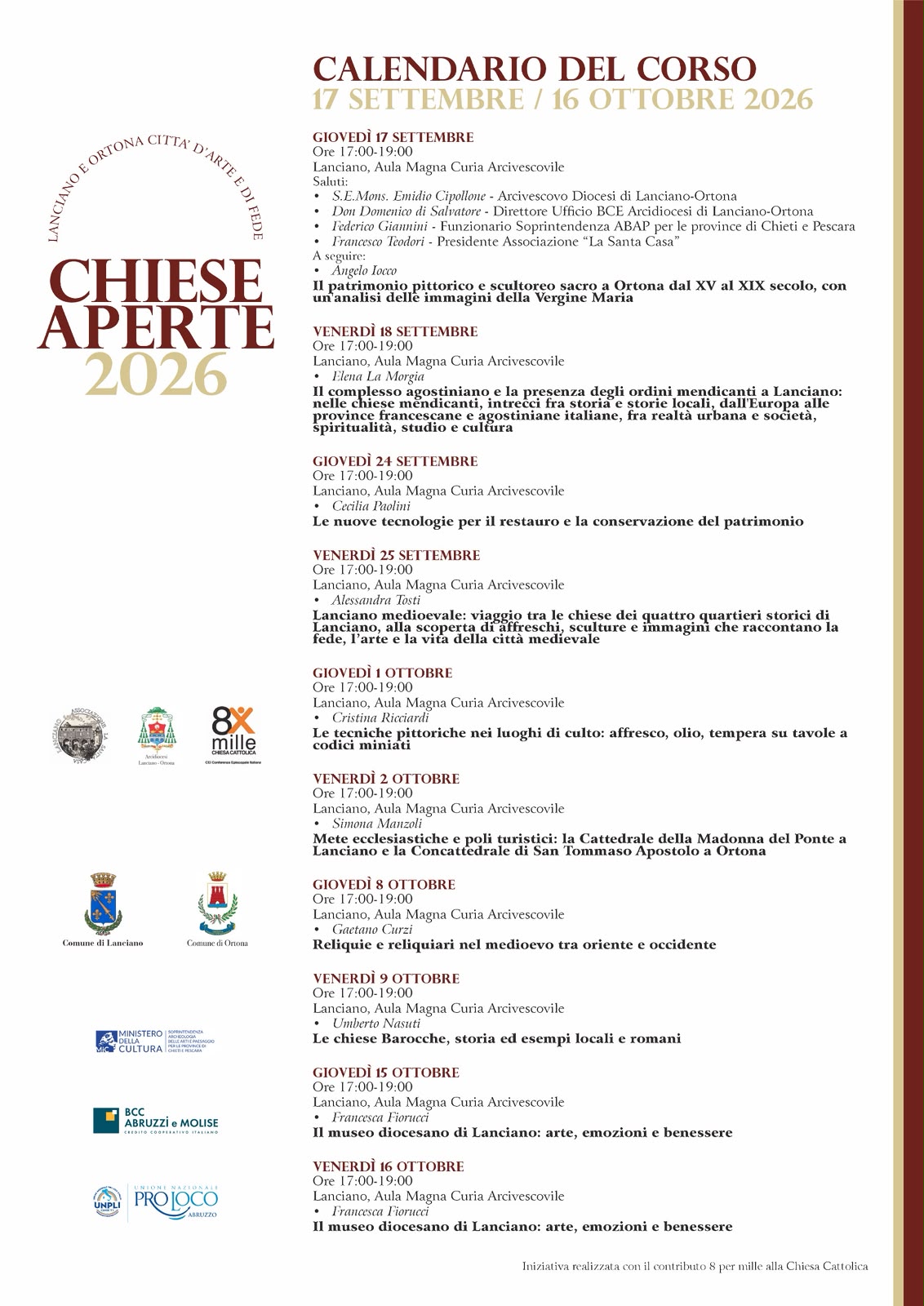 Calendario del corso Chiese Aperte 2026, dal 17 settembre al 16 ottobre